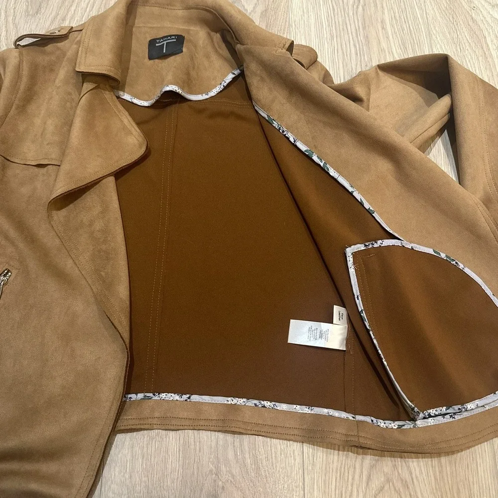 T Tahari Faux‎ Suede Jacket Women's Small Pockets Open Front Moto Style Camel